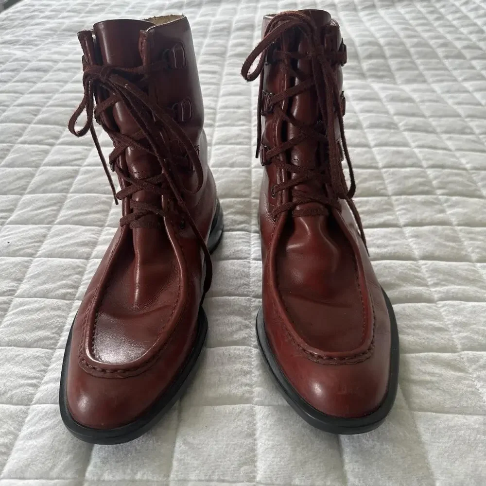 TODS Boots Womens 38 US 8 Red Leather Lace Up Combat Ankle Wedge Low Heel - Picture 3 of 14